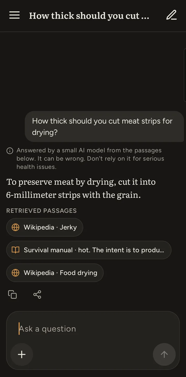 An answer about drying meat, with its Wikipedia and survival-manual passages listed underneath
